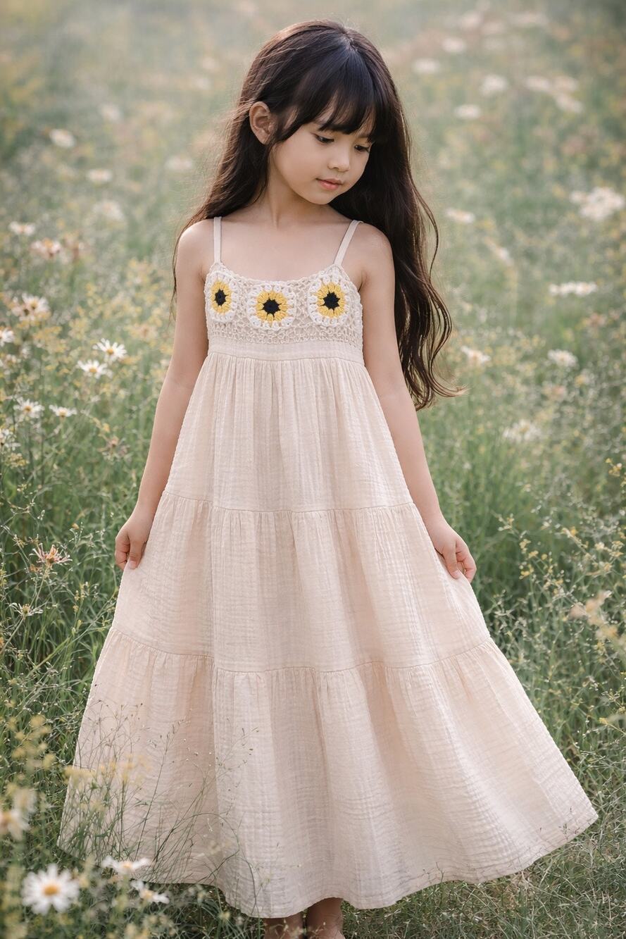 Picking Sunflowers Crochet Trim Gauzy Muslin Midi Dress 7/8